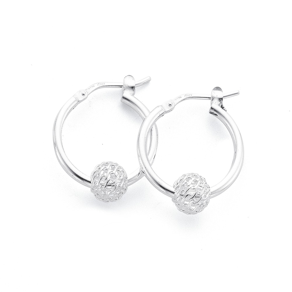 Sterling Silver 15mm Filigree Ball Hoop Earrings