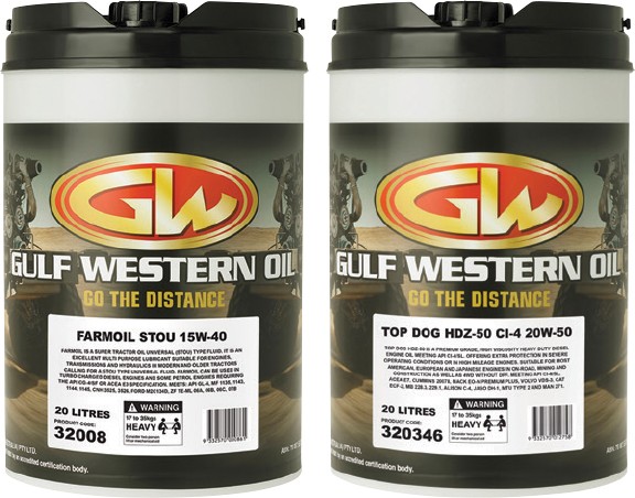 20% off Gulf Western 20L Farm Oil 15W-40 or Top Dog HDZ 20W-50 Engine Oils^