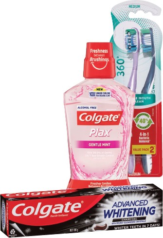Colgate Advanced Whitening 180/200g, Sensitive* 110g, Plax Gentle 500ml or 360 2 Pack