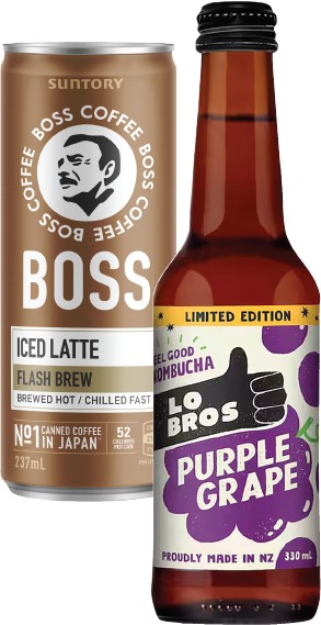 Boss Iced Coffee Cans 179-237ml or Lo Bros Kombucha 330ml