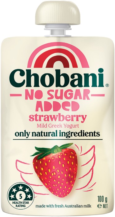 NEW Chobani No Sugar Added Mild Greek Strawberry Yogurt Pouch 100g