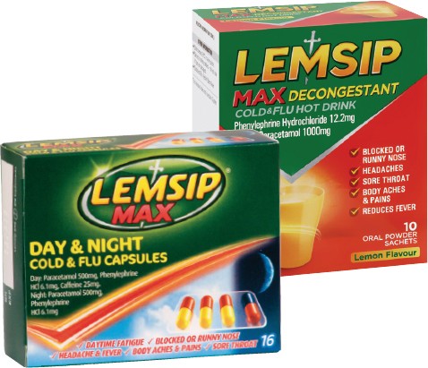 Lemsip Max Day & Night Cold & Flu Capsules 16s or Decongestant Lemon Hot Drink 10s