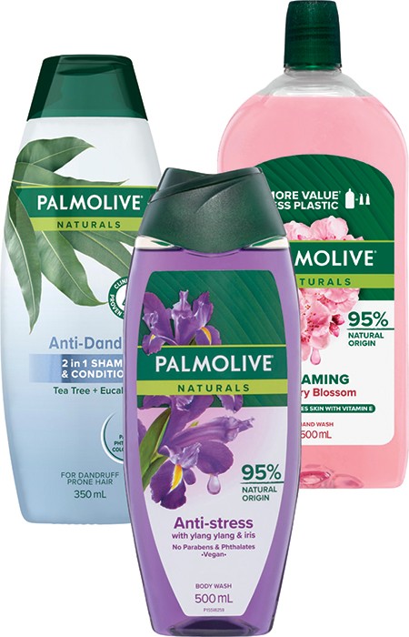Palmolive Bodywash 400/500ml, Foaming Handwash Refill 500ml, Shampoo or Conditioner 350ml