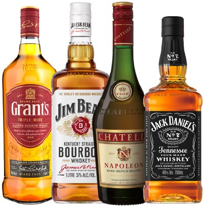Grant’s Blended Scotch Whisky 1L, Jim Beam Bourbon 1L, Chatelle Napoleon Brandy 1L