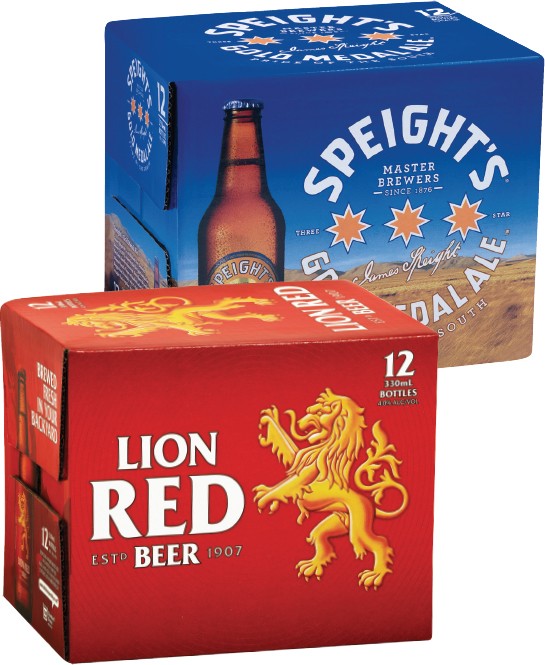 Lion Red, Speight’s Gold Medal Ale or Waikato Draught Bottles or Cans 12 Pack