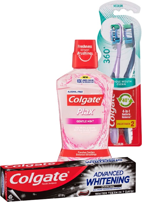 Colgate Advanced Whitening 180/200g, Sensitive* 110g, Plax Gentle 500ml or 360 2 Pack