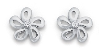 Sterling Silver Small Flower with Cubic Zirconia In Centre Studs