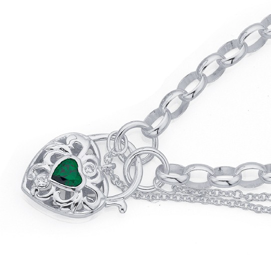 Sterling Silver Green Cubic Zirconia Padlock Bracelet