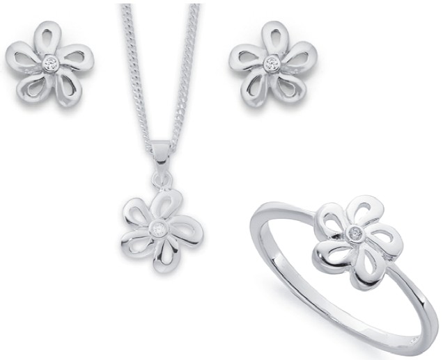 Sterling Silver Small Flower with Cubic Zirconia In Centre Studs, Pendant & Ring