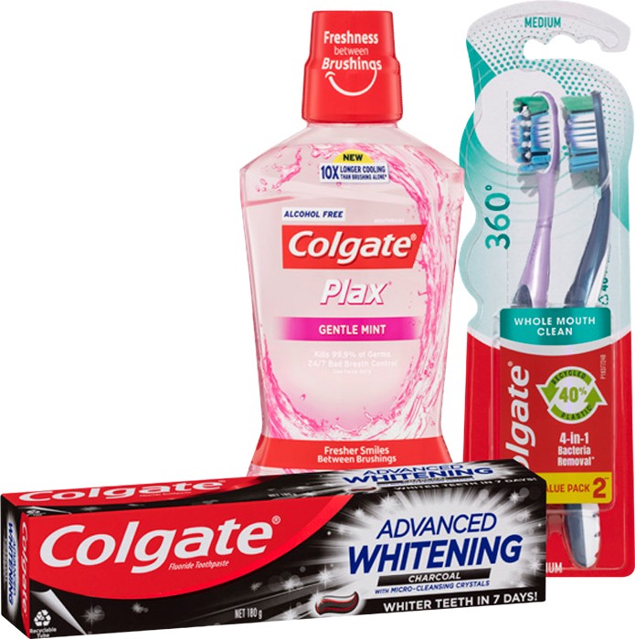 Colgate Advanced Whitening 180/200g, Sensitive* 110g, Plax Gentle 500ml or 360 2 Pack