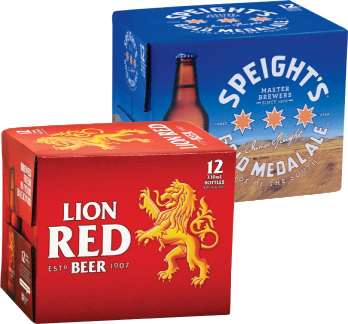 Lion Red, Speight’s Gold Medal Ale or Waikato Draught Bottles or Cans 12 Pack