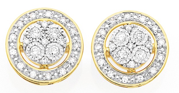 9ct Two Tone Diamond Round Cluster Stud Earrings