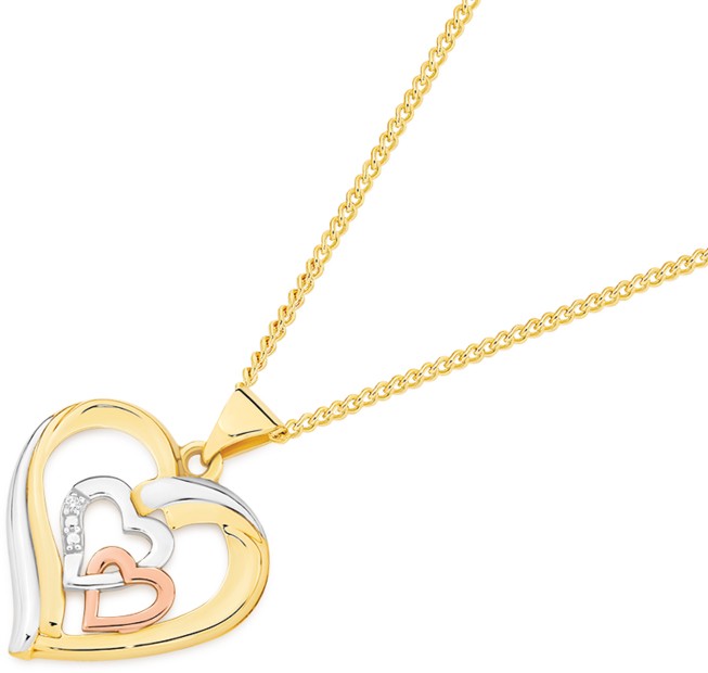 9ct 3 Tone Diamond Triple Heart Pendant