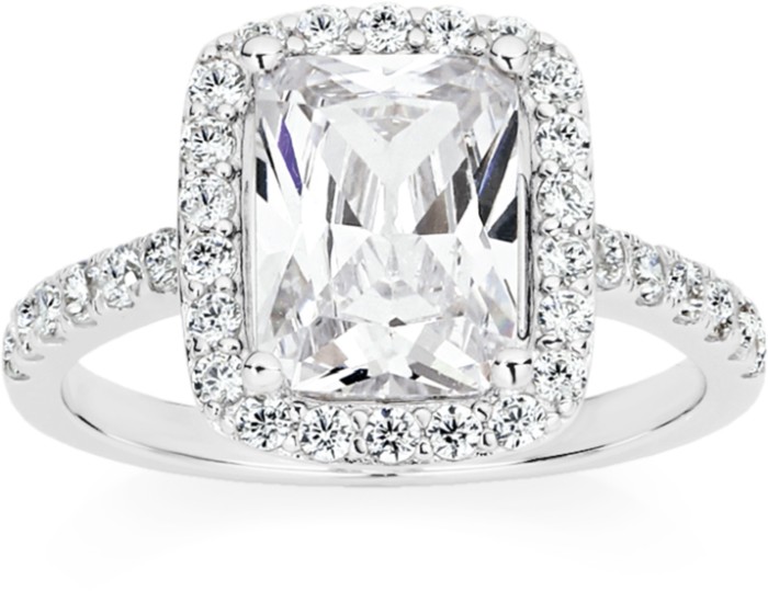 Sterling Silver Emerald Cut Cubic Zirconia with Border Ring