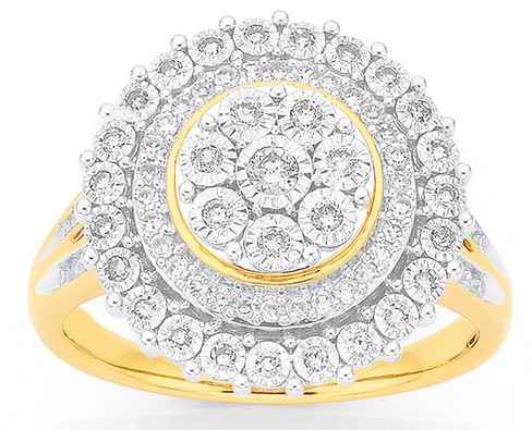 9ct Two Tone Gold Diamond Large Round Cluster Ring