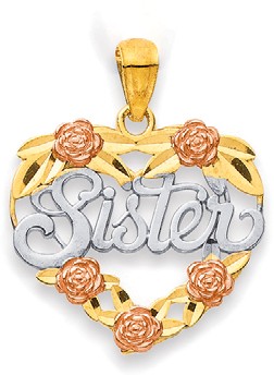 9ct Tri Tone, 'Sister' Heart Pendant