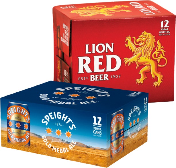Lion Red, Speight’s Gold Medal Ale or Waikato Draught Bottles or Cans 12 Pack
