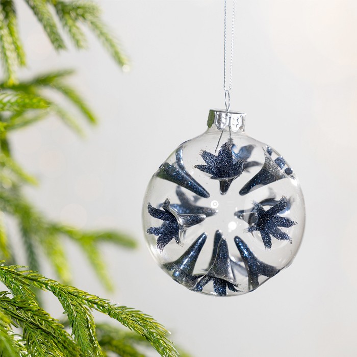 Christmas Wishes Blue Glitter Clear Glass Bauble