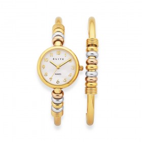 Elite-Ladies-Gold-Tone-7-Lucky-Rings-Watch-Bracelet-Set on sale