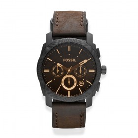 Fossil+Machine+Black+IP+Case+Brown+Leather+Strap+Gent%26%23039%3Bs+Watch