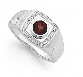 Sterling+Silver+Gents+Cubic+Zirconia+%26amp%3B+Garnet+Signet+Ring+Size+U