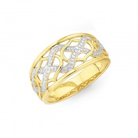 9ct+Two+Tone+Diamond+Cut+Wave+Pattern+Ring