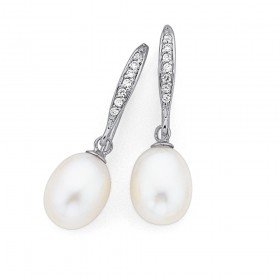 Sterling+Silver+Freshwater+Pearl+%26amp%3B+Cubic+Zirconia+Hook+Earrings