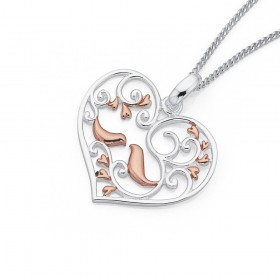 Sterling+Silver+Rose+Gold+Plated+Heart+%26amp%3B+Birds+Pendant