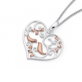 Sterling-Silver-Rose-Gold-Plated-Heart-Birds-Pendant on sale