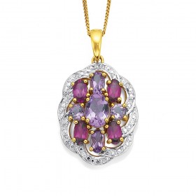 9ct+Amethyst%2C+Rhodolite+Garnet+%26amp%3B+Diamond+Pendant