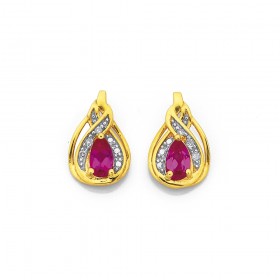 9ct+Synthetic+Ruby+%26amp%3B+Diamond+Set+Earrings