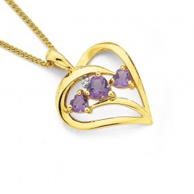 9ct+Amethyst+%26amp%3B+Diamond+Trilogy+Heart+Swirl+Pendant