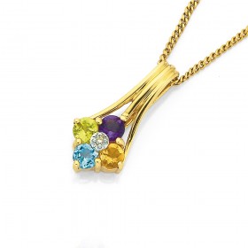 9ct+Gold+Multi+Colour+Stone+%26amp%3B+Diamond+Pendant