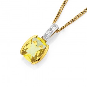 9ct+Gold+Lemon+Quartz+%26amp%3B+Diamond+Pendant