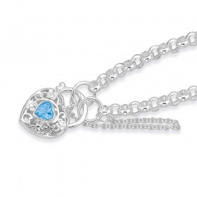 Sterling+Silver+19cm+Belcher+Bracelet+with+Blue+Topaz+Padlock