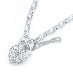 Sterling+Silver+18.5cm+Oval+Belcher+Bracelet+with+Filigree+Padlock