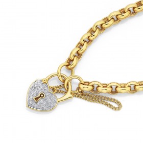 9ct+19cm+Solid+Oval+Belcher+Bracelet+with+Diamond+Padlock