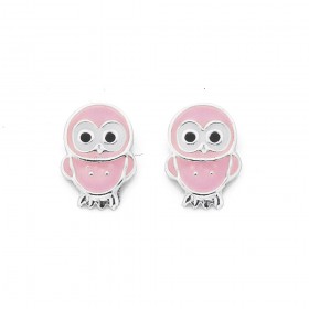 Pink+Enamel+Owl+Stud+Earrings+in+Sterling+Silver