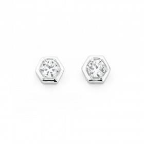 Cubic+Zirconia+Hexagon+Studs+in+Silver