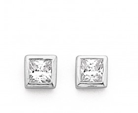 Cubic+Zirconia+Square+Stud+Earrings+in+Sterling+Silver