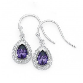 Purple+and+White+Cubic+Zirconia+Pear+Shape+Earrings+in+Sterling+Silver