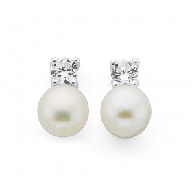 Sterling+Silver+Fresh+Water+Pearl+%26amp%3B+Cubic+Zirconia+Stud+Earrings