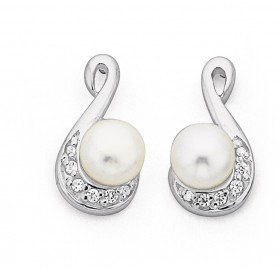 Sterling+Silver+Freshwater+Pearl+%26amp%3B+Cubic+Zirconia+Swirl+Studs