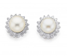 Sterling+Silver+Freshwater+Pearl+%26amp%3B+Cubic+Zirconia+Cluster+Studs