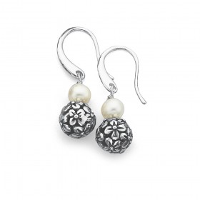 Pearl+%26amp%3B+Flower+Ball+Drop+Earrings+in+Silver