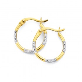 9ct+Yellow+and+White+Gold+15mm+Diamond+Cut+Hoop+Earrings