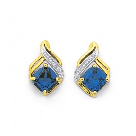 Synthetic-Ceylon-Sapphire-Diamond-Swirl-Earrings-in-9ct-Yellow-Gold on sale