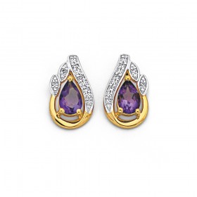 9ct+Amethyst+%26amp%3B+Diamond+Leaf+Studs