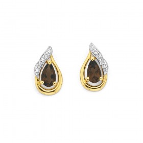 9ct+Gold+Smokey+Quartz+%26amp%3B+Diamond+Studs