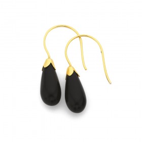 Teardrop-Onyx-Hook-Earrings-in-9ct-Yellow-Gold on sale